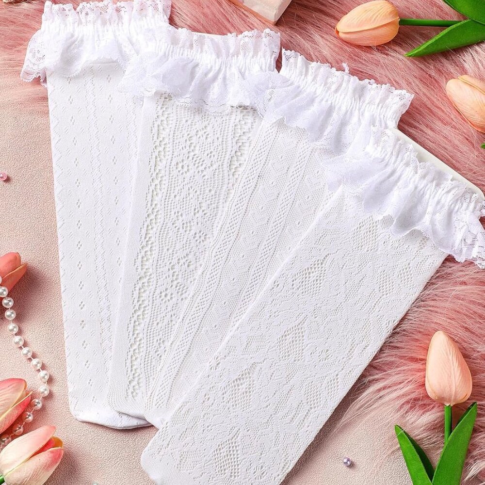 4 Pairs Women's Lace Ankle Socks Ruffle Frilly Mesh for Women - Picture 7 of 7